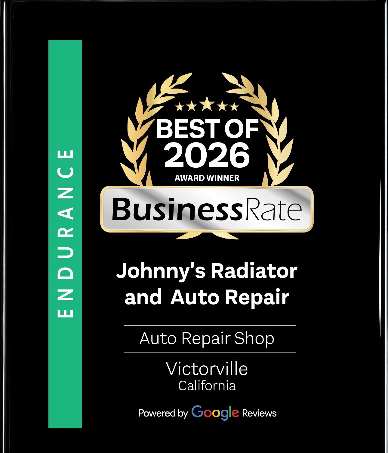 Johnny's Radiator and Auto Repair Best of 2026 Award badge for Auto Repair Shop in Victorville, CA, from BusinessRate